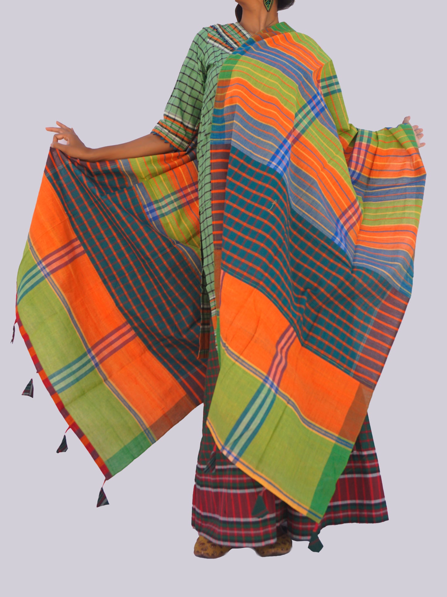 Patch work Gamcha Fashion Handloom Cotton Dupatta DP22 (Oreng Green Multicolor)