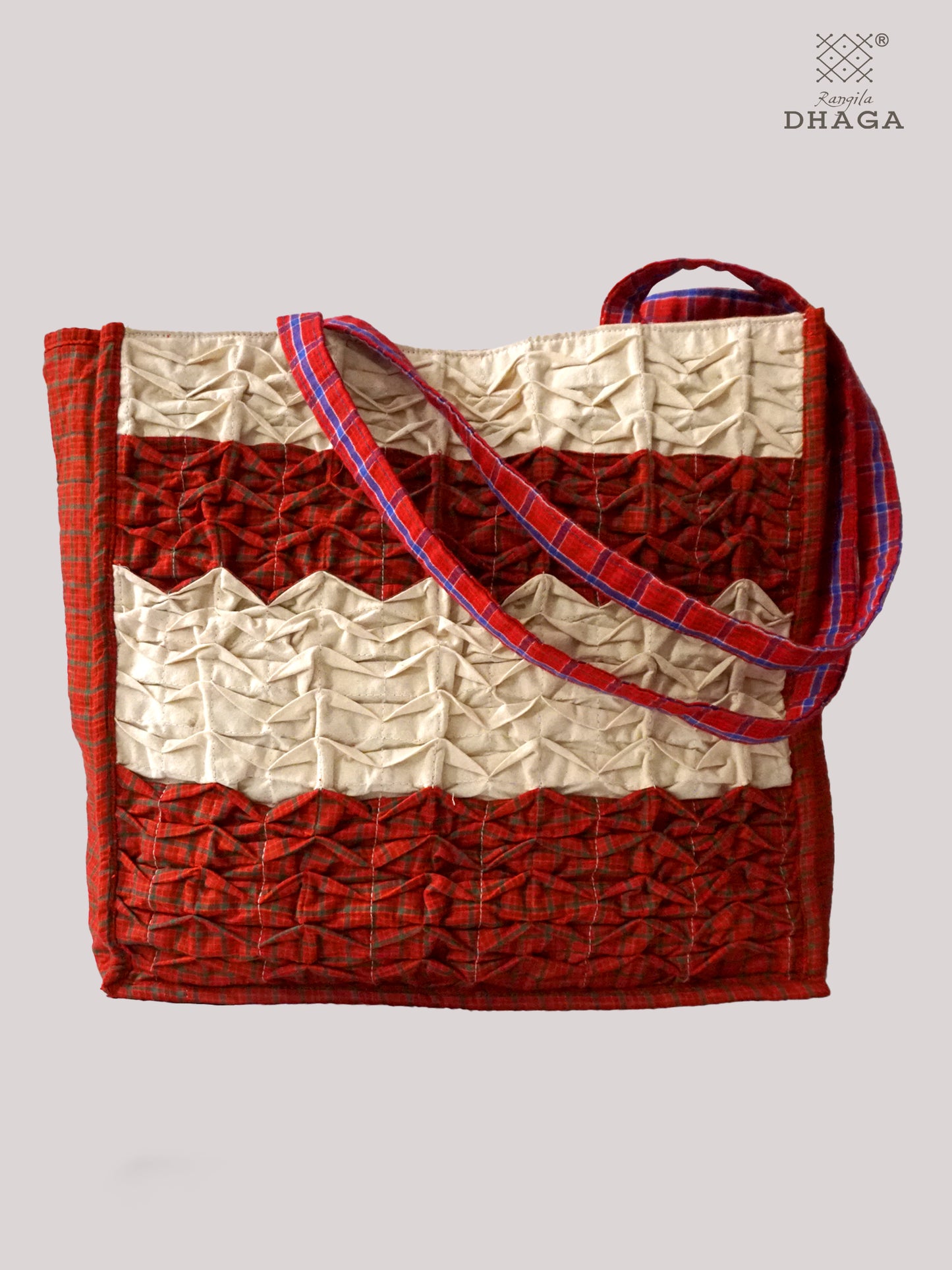 Gamcha Drapari Wrinkle Tote Bag – Handcrafted Cotton with 3 Zip Pockets Red Offwhite BAG16