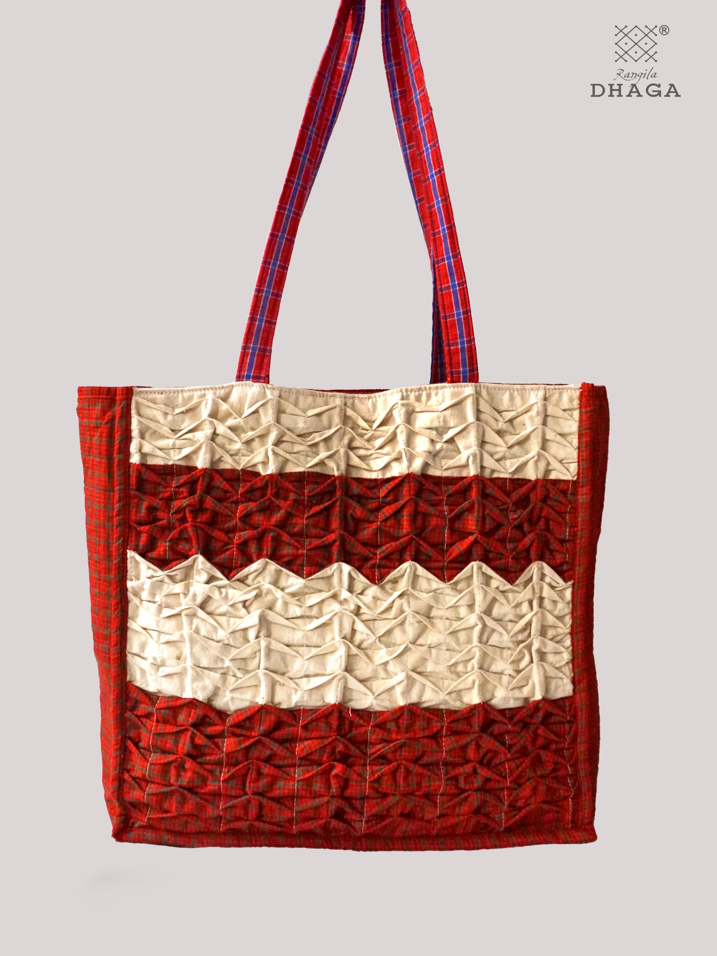 Gamcha Drapari Wrinkle Tote Bag – Handcrafted Cotton with 3 Zip Pockets Red Offwhite BAG16