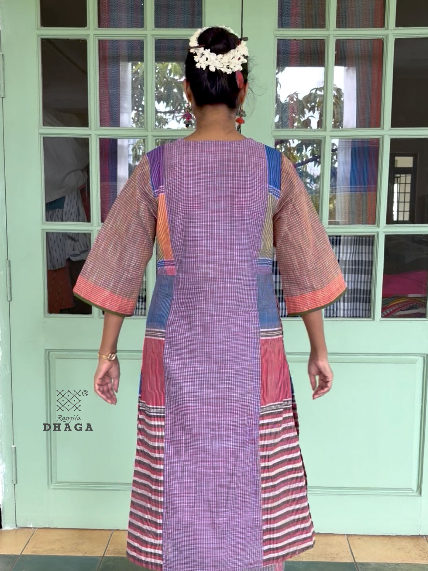 Handloom Gamcha Patchwork Kurti | V-Neck | 3/4 Sleeves | Side Pockets | Signature Design by Rangila Dhaga Kurti10