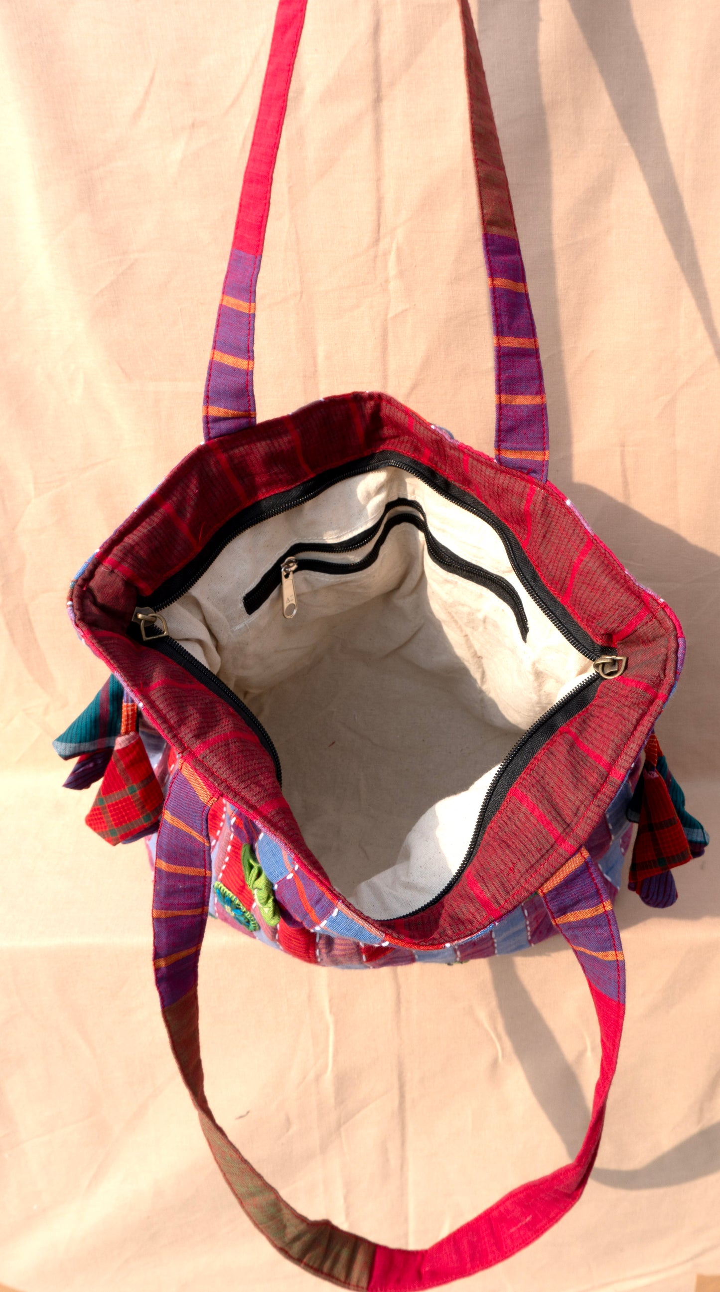 Blue Handwoven Gamcha potli Tote Bag with Embroidery Handmade Cotton Shoulder Bag – Rangila Dhaga Bag27