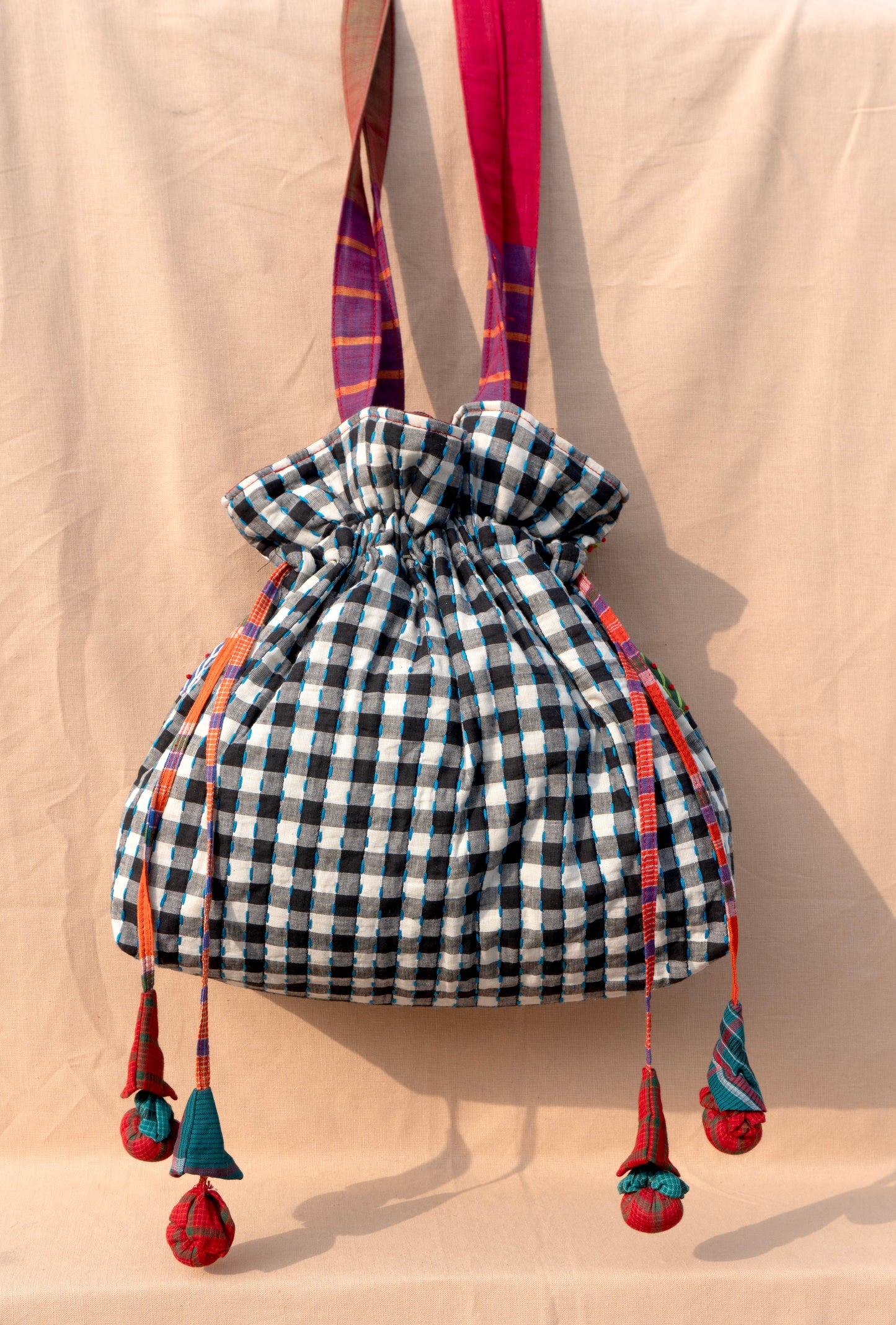 Handcrafted Gamcha Potli Shoulder Bag with Kantha Hand Embroidery & Drawstring Closure | Rangila Dhaga Bag28