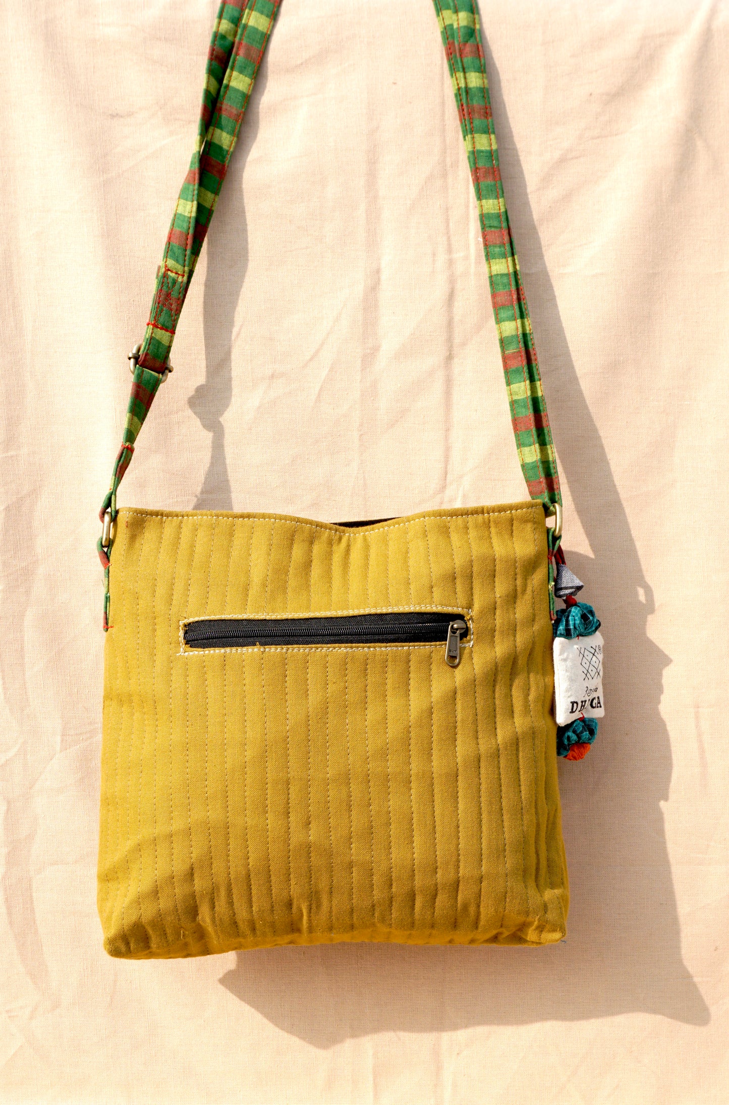 Handcrafted Gamcha Sling Bag in Mustard Yellow with Multicolor Fabric Flower | Rangila Dhaga SL25