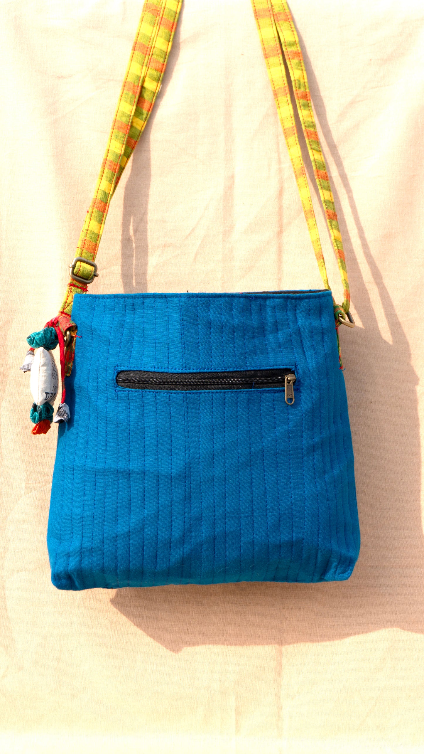 Handcrafted Gamcha Sling Bag in Blue with Multicolor Fabric Flower | Rangila Dhaga SL26