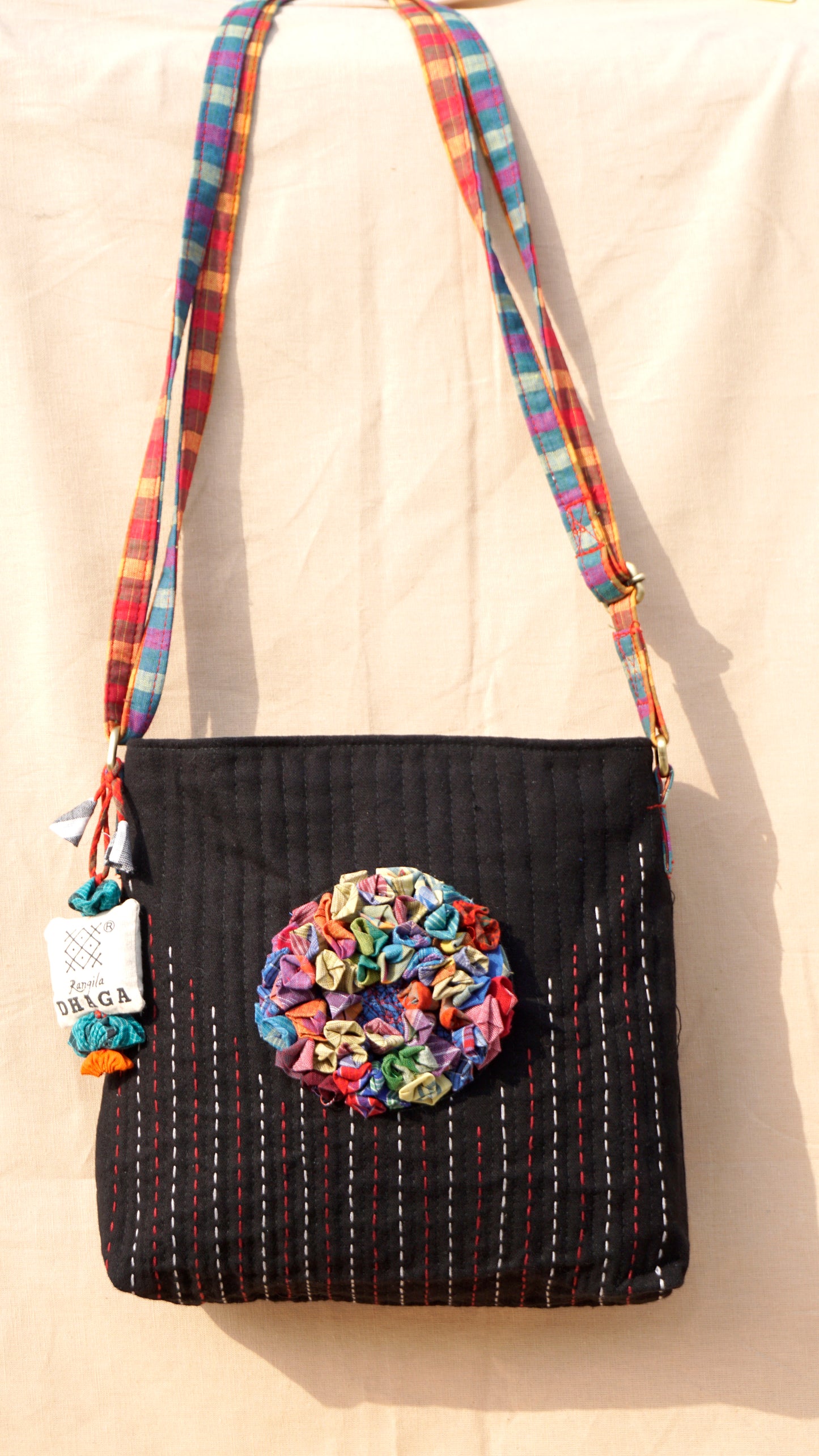 Handcrafted Gamcha Sling Bag in Black with Multicolor Fabric Flower | Rangila Dhaga SL27