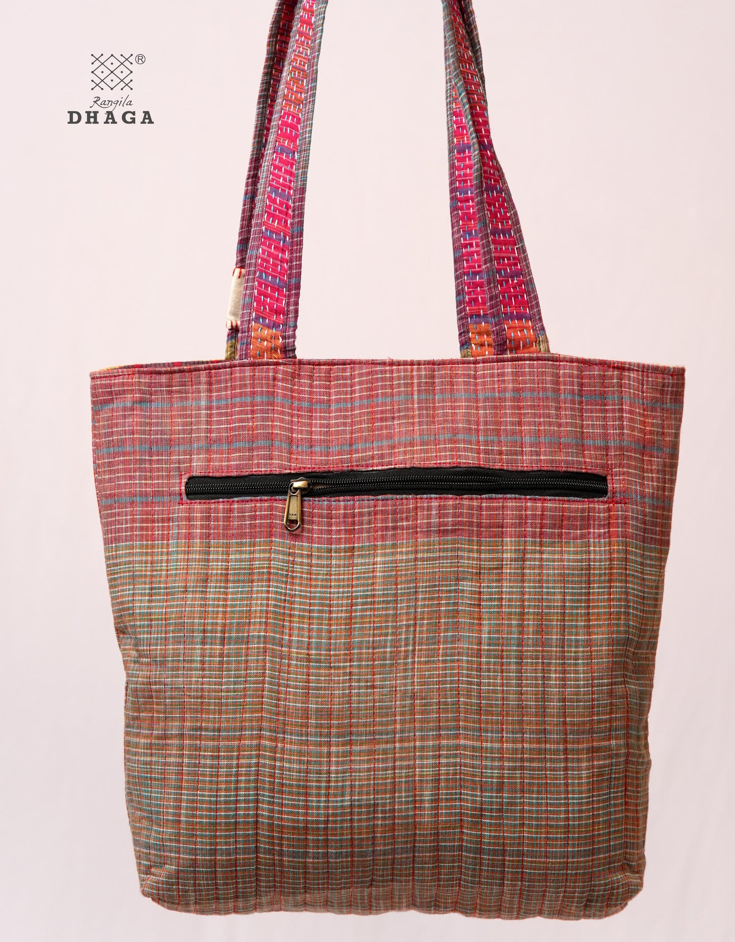 Red Hand Embroidered Gamcha Pakhi Tote Bag with Hand Embroidered Handle Bag114