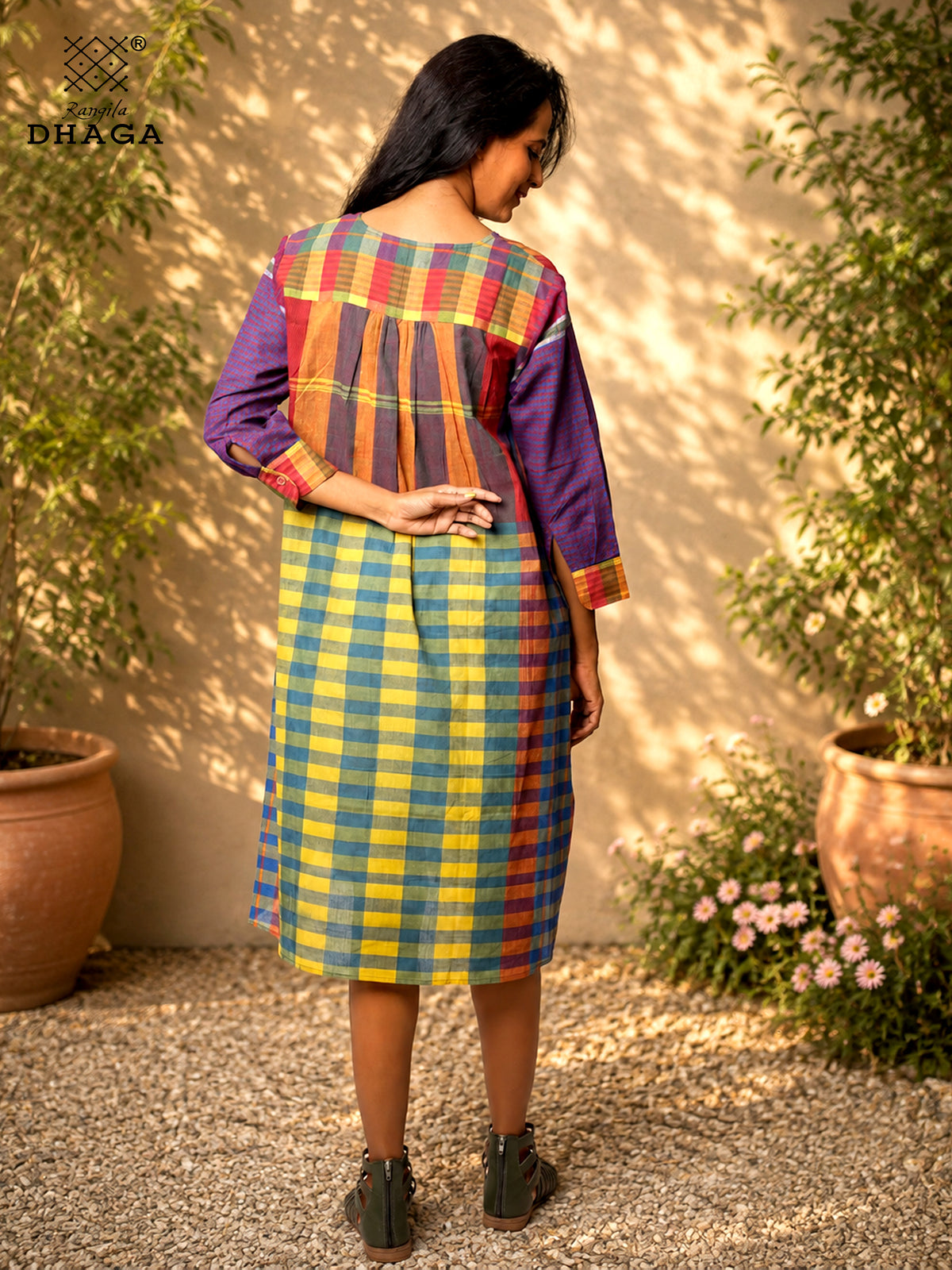 Handloom Gamcha Cotton Multicolour Dress with Pockets | Rangila Dhaga K13