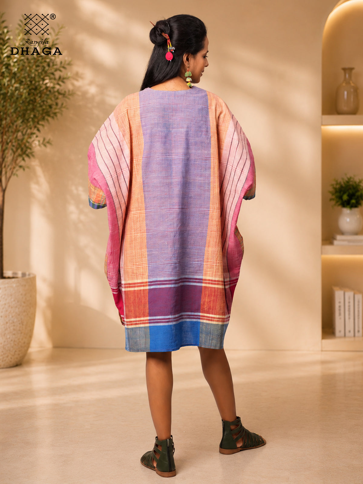 Handloom Gamcha Zero-Waste Baggy Kaftan Dress | Free Size Artisan Cotton Dress with Pockets K22