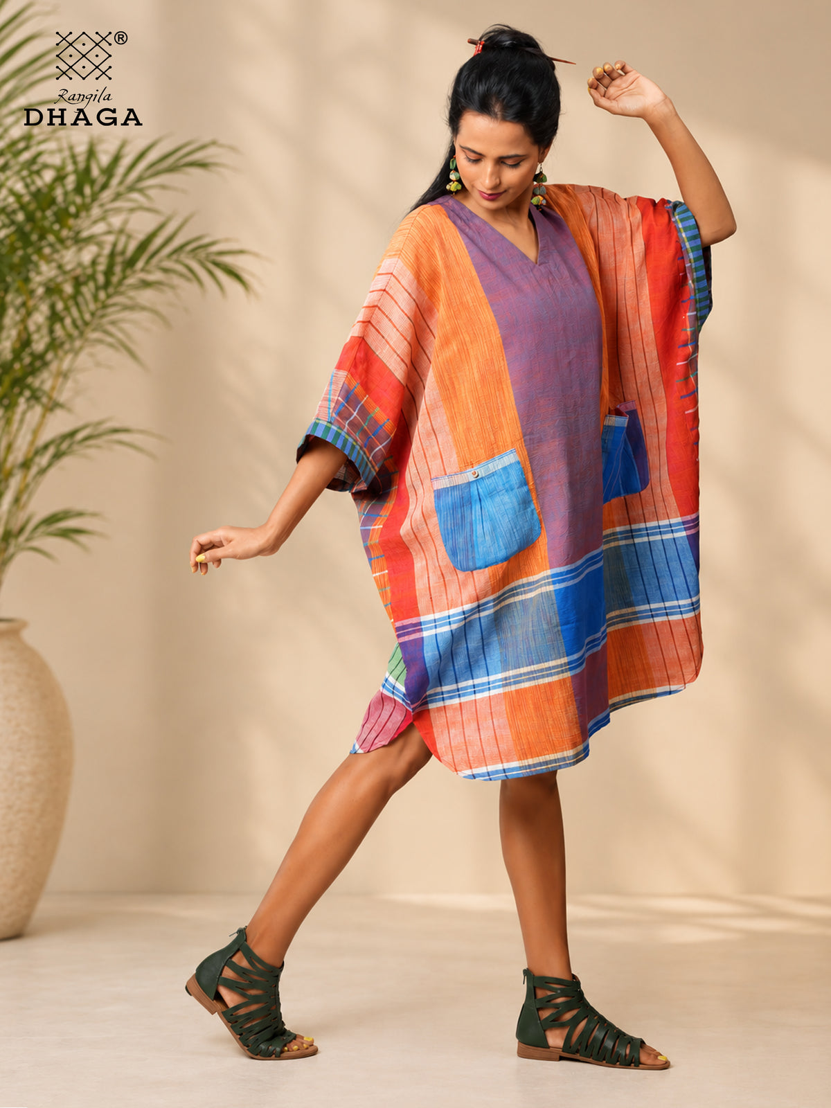 Handloom Gamcha Zero-Waste Baggy Kaftan Dress | Free Size Artisan Cotton Dress with Pockets K21