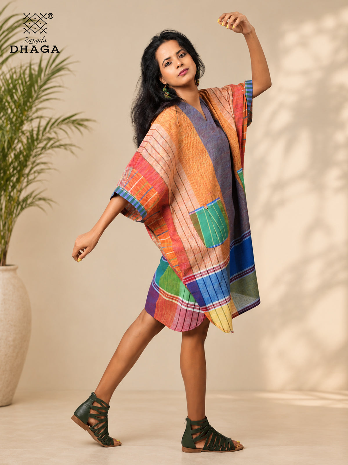 Handloom Gamcha Zero-Waste Baggy Kaftan Dress | Free Size Artisan Cotton Dress with Pockets K20