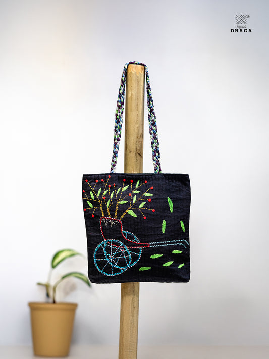 The Garden Cart – Hand Embroidered Tote Bag on Black Cotton (Bag20)
