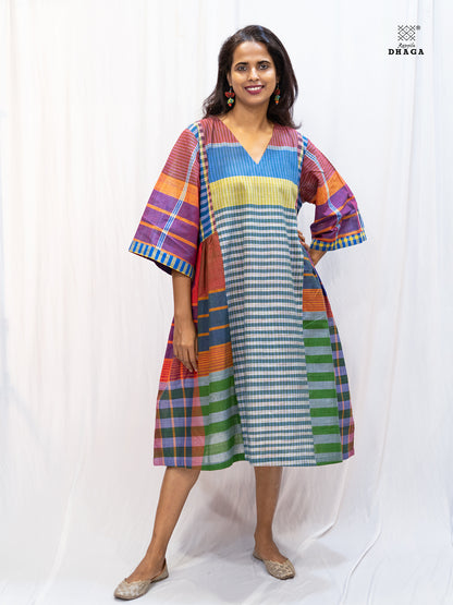 Multicolor Handloom Gamchha Free Size Dress with Pockets – Knee Length, Flared Fit D56