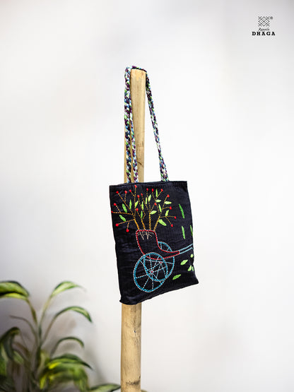 The Garden Cart – Hand Embroidered Tote Bag on Black Cotton (Bag20)