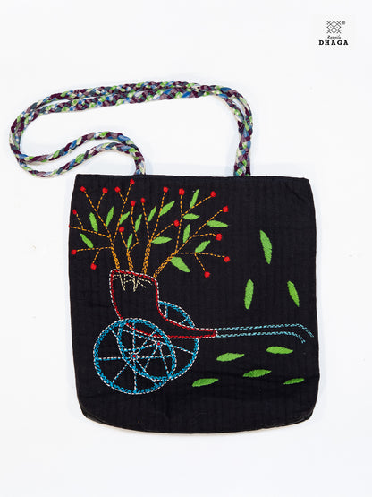 The Garden Cart – Hand Embroidered Tote Bag on Black Cotton (Bag20)