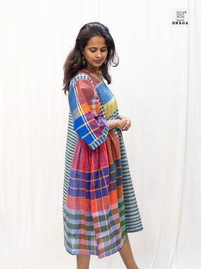 Multicolor Handloom Gamchha Free Size Dress with Pockets – Knee Length, Flared Fit D56
