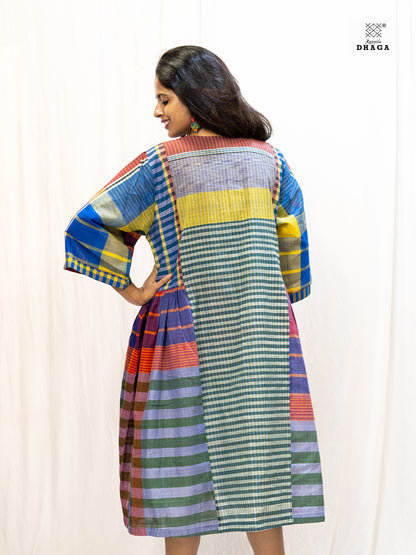 Multicolor Handloom Gamchha Free Size Dress with Pockets – Knee Length, Flared Fit D56