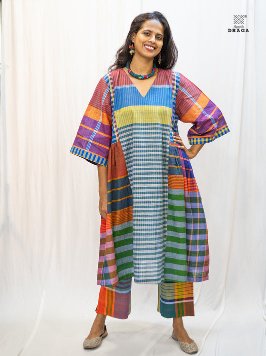 Multicolor Handloom Gamchha Free Size Dress with Pockets – Knee Length, Flared Fit D56