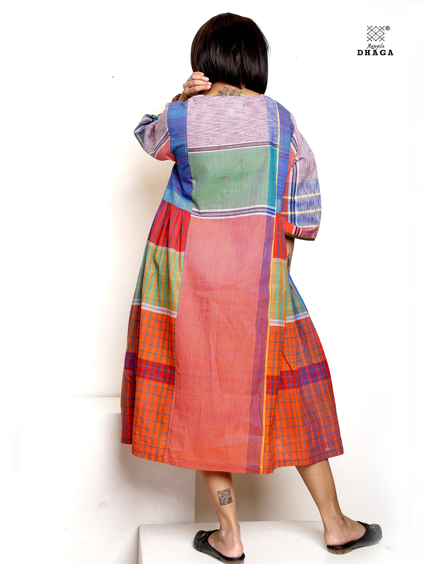 Handloom Cotton Gamcha Atrangi Multicolor Dress with Both Side Pockets