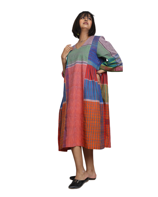 Handloom cotton Gamcha Atrangi Multicolor Dress with bothside pockets