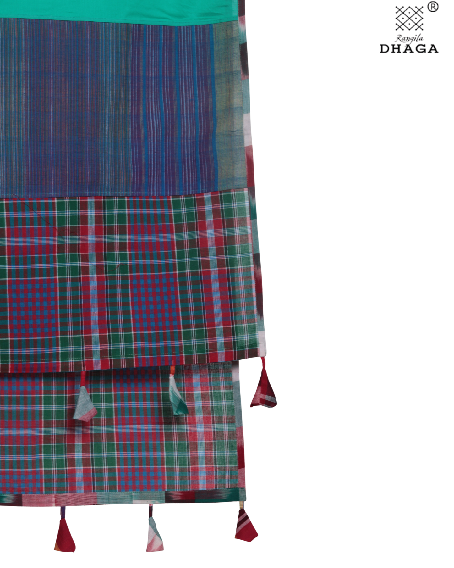 Rangila Dhaga Emerald Green Gamcha Dupatta  with Multicolor Checks & Tassels – Handwoven Cotton (2.5m)- GD007