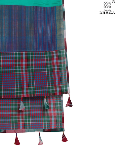 Rangila Dhaga Emerald Green Gamcha Dupatta  with Multicolor Checks & Tassels – Handwoven Cotton (2.5m)- GD007