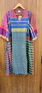 Rainbow Stripes Gamcha Cotton Dress with Pockets – Handloom Elegance Green  D45