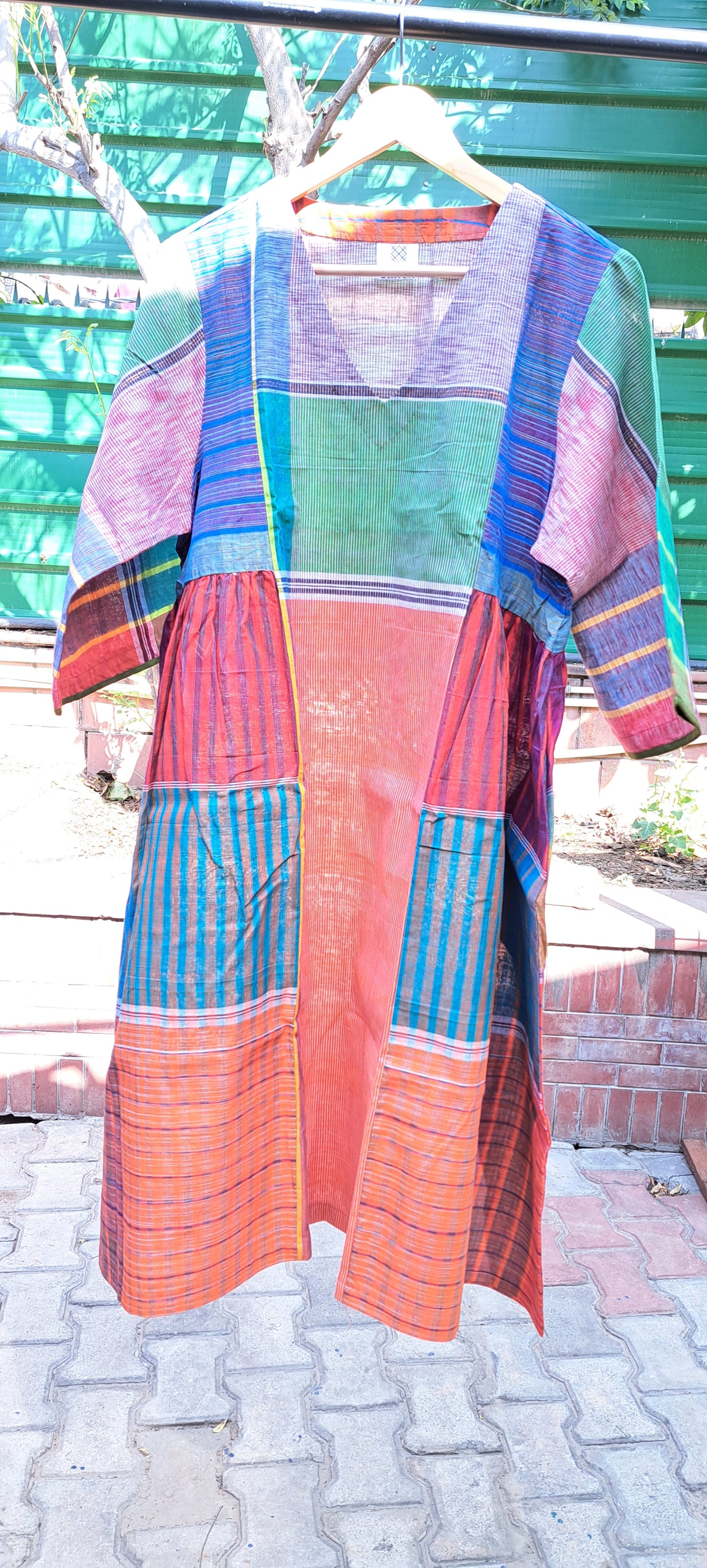 Handloom Cotton Gamcha Atrangi Multicolor Dress with Both Side Pockets- D01