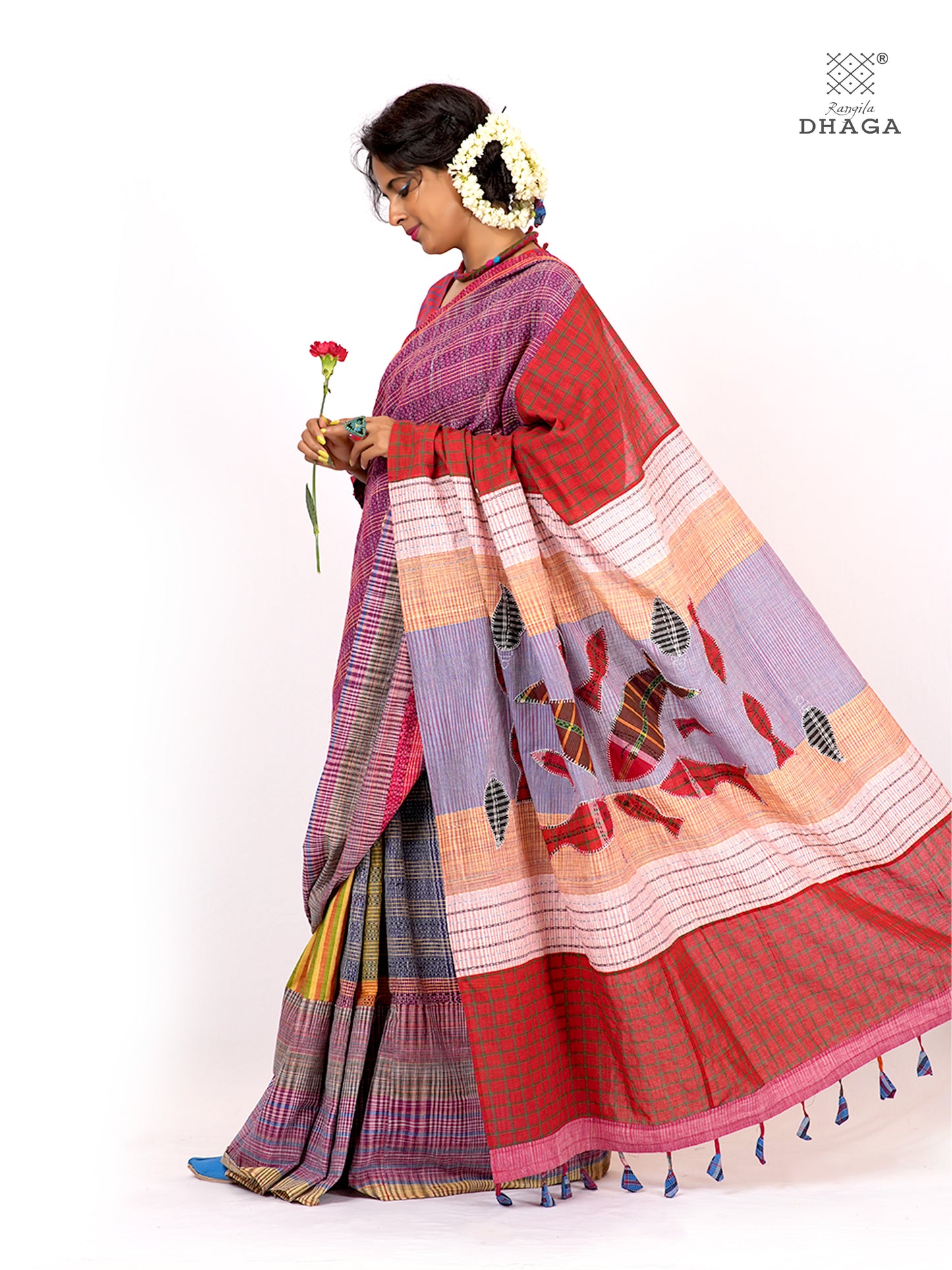 Hand-Embroidered Fish-Fishy Handloom Gamcha Patchwork Kantha Stitch Saree |  Includes Blouse Piece GS127