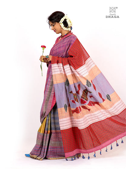 Hand-Embroidered Fish-Fishy Handloom Gamcha Patchwork Kantha Stitch Saree |  Includes Blouse Piece GS127