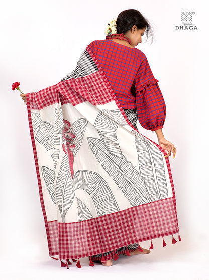 Handpainted Banana Flower & Leaf Pallu Handloom Gamcha Patchwork Saree | Signature Design by Kalpana Das | Includes Blouse Piece GS128