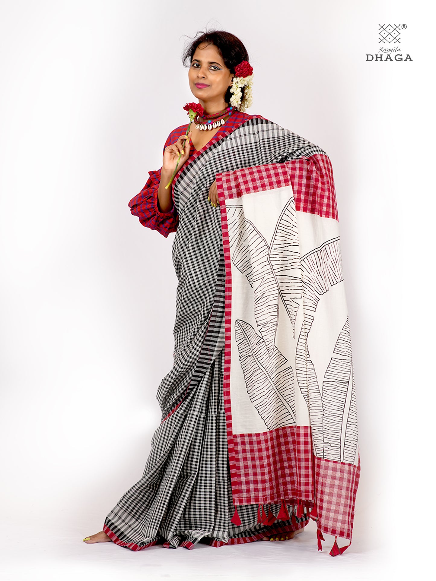 Handpainted Banana Flower & Leaf Pallu Handloom Gamcha Patchwork Saree | Signature Design by Kalpana Das | Includes Blouse Piece GS128