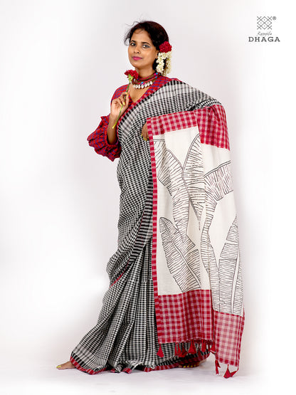 Handpainted Banana Flower & Leaf Pallu Handloom Gamcha Patchwork Saree | Signature Design by Kalpana Das | Includes Blouse Piece GS128