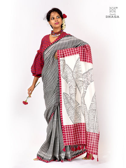 Handpainted Banana Flower & Leaf Pallu Handloom Gamcha Patchwork Saree | Signature Design by Kalpana Das | Includes Blouse Piece GS128