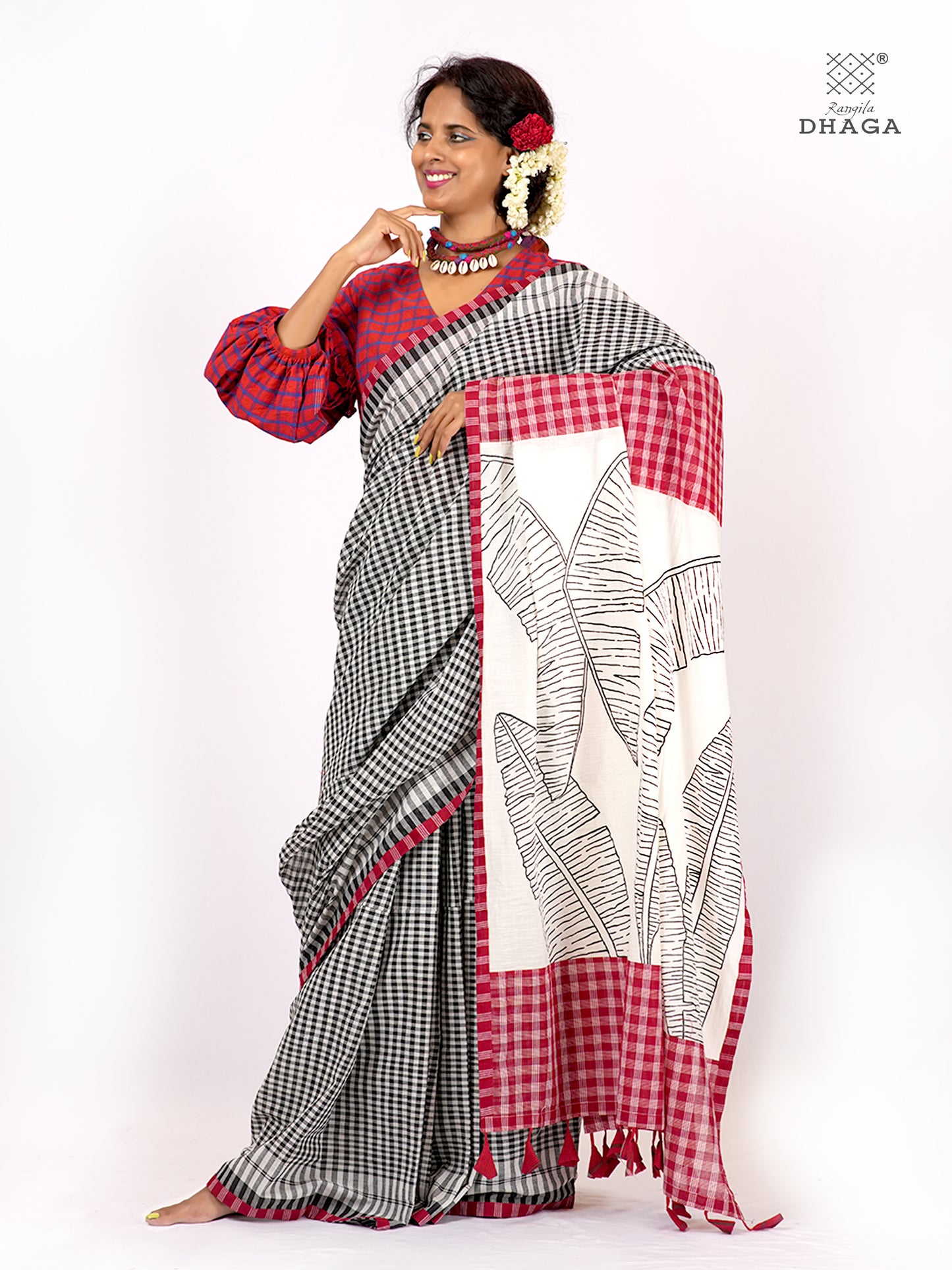 Handpainted Banana Flower & Leaf Pallu Handloom Gamcha Patchwork Saree | Signature Design by Kalpana Das | Includes Blouse Piece GS128
