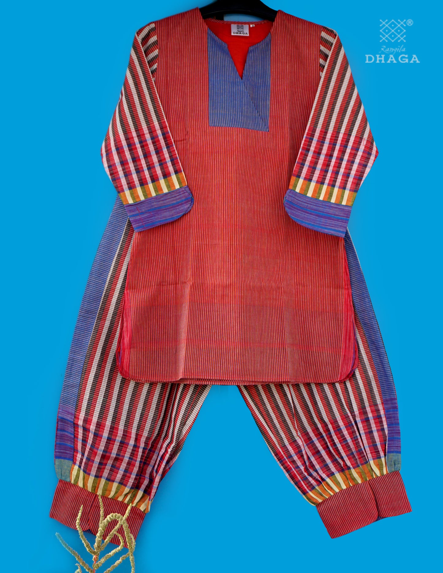 Handloom Cotton Gamcha Co-ord Set for Women – Red & Blue Striped Kurti with Lining and Relaxed Fit Pocket Pants - CODE05