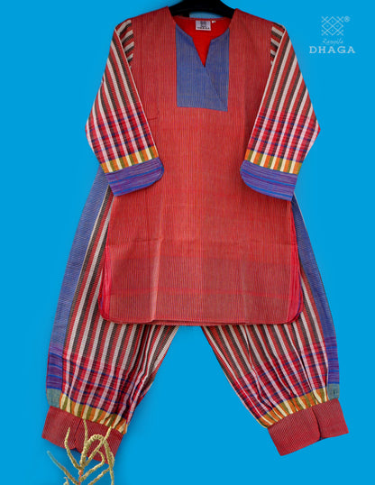 Handloom Cotton Gamcha Co-ord Set for Women – Red & Blue Striped Kurti with Lining and Relaxed Fit Pocket Pants - CODE05