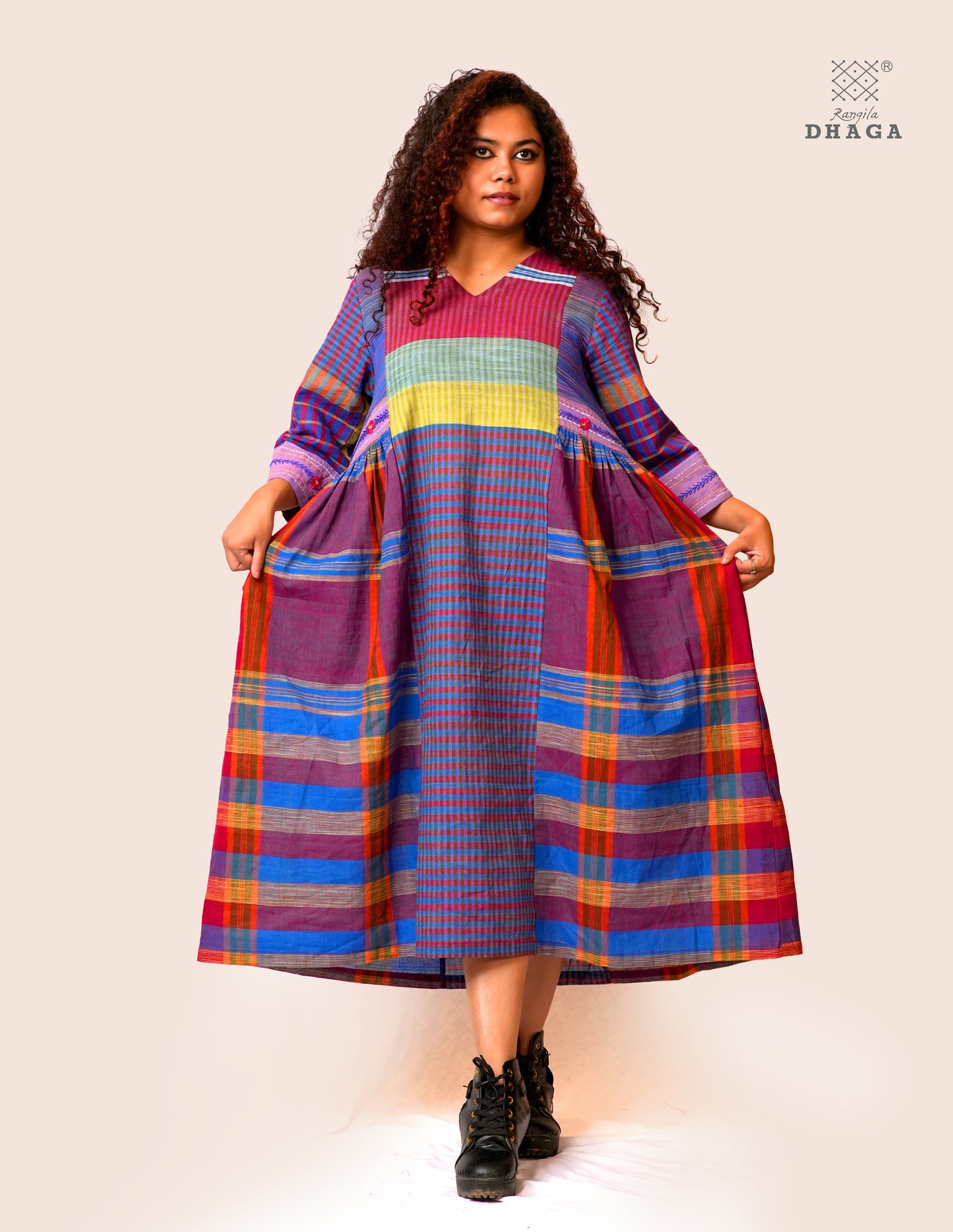 Hand Embroidered Multicolor Handloom Gamcha Dress | Artisan Cotton Dress | Rangila Dhaga | Rangila Dhaga KD002