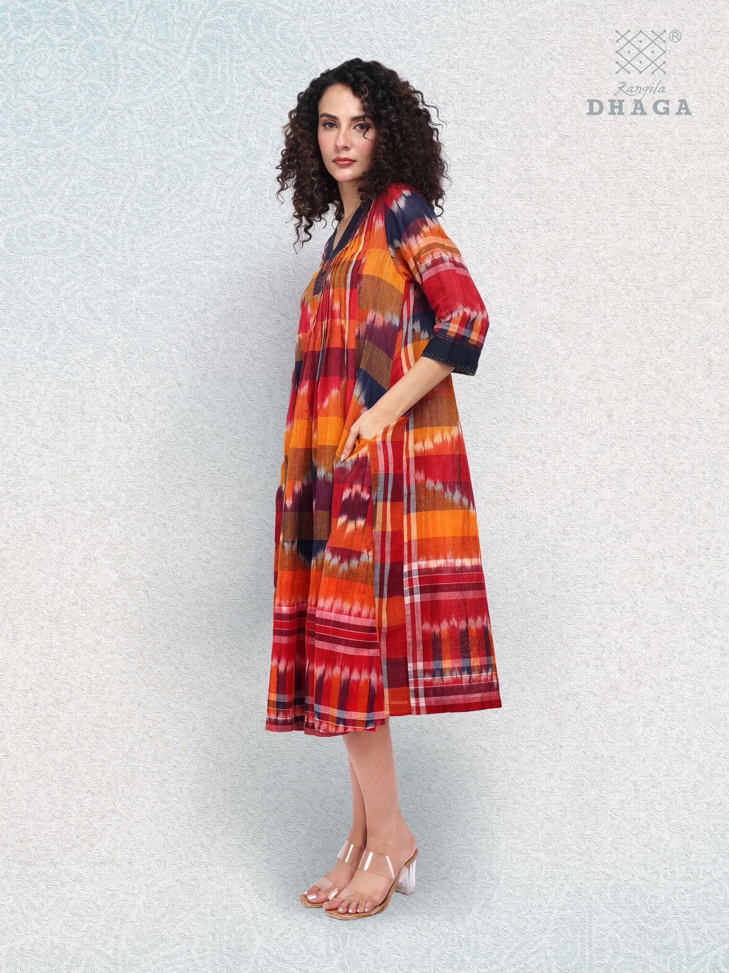 Hand-Embroidered Multicolor Gamcha Cotton Dress – Kotki (ikkat)  2 Pockets Red D45