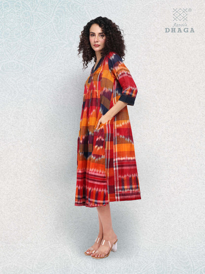 Hand-Embroidered Multicolor Gamcha Cotton Dress – Kotki (ikkat)  2 Pockets Red D45