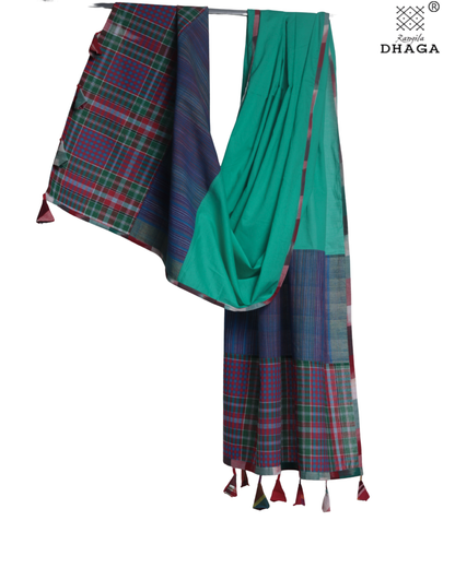 Rangila Dhaga Emerald Green Gamcha Dupatta  with Multicolor Checks & Tassels – Handwoven Cotton (2.5m)- GD007
