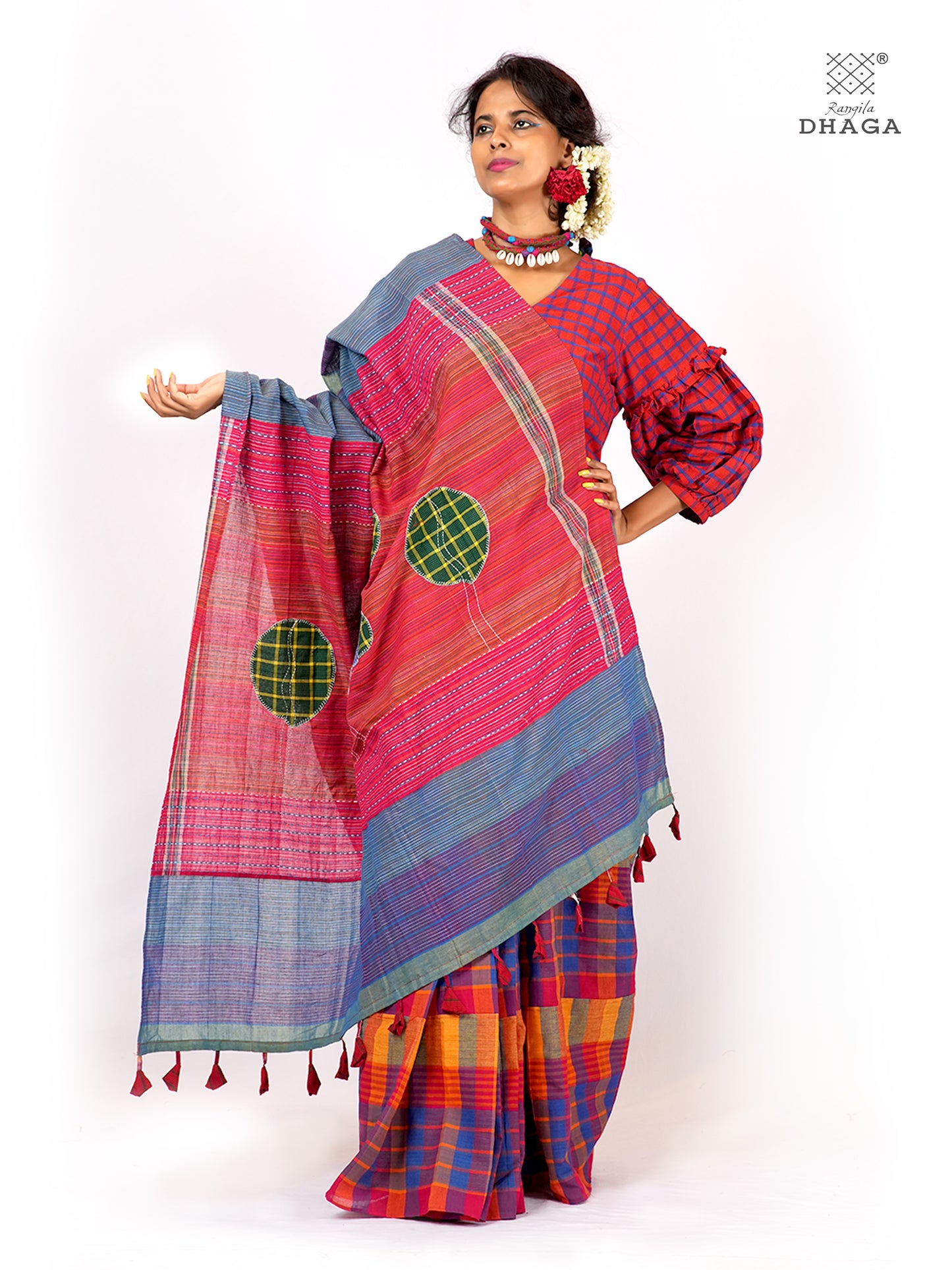 Hand Embroidered Kantha & Appliqué Bird Handloom Gamcha Patchwork Saree | Signature Design by Kalpana Das | Rangila Dhaga| Includes Blouse Piece GS130