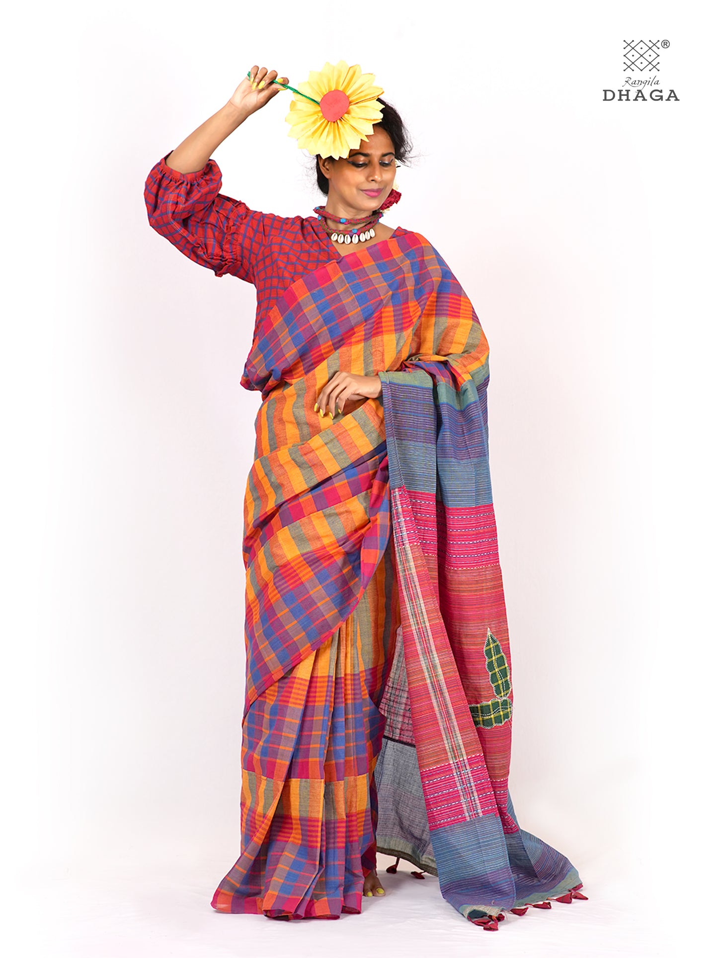 Hand Embroidered Kantha & Appliqué Bird Handloom Gamcha Patchwork Saree | Signature Design by Kalpana Das | Rangila Dhaga| Includes Blouse Piece GS130