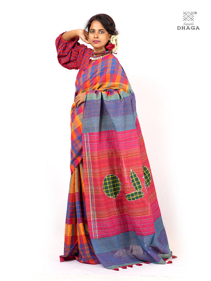 Hand Embroidered Kantha & Appliqué Bird Handloom Gamcha Patchwork Saree | Signature Design by Kalpana Das | Rangila Dhaga| Includes Blouse Piece GS130
