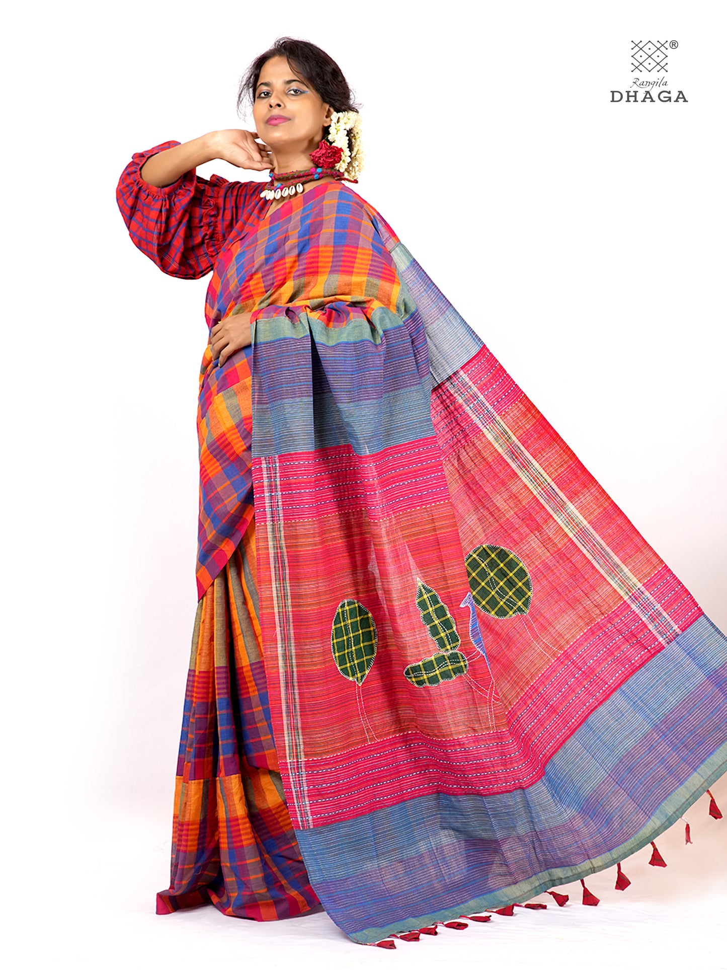 Hand Embroidered Kantha & Appliqué Bird Handloom Gamcha Patchwork Saree | Signature Design by Kalpana Das | Rangila Dhaga| Includes Blouse Piece GS130