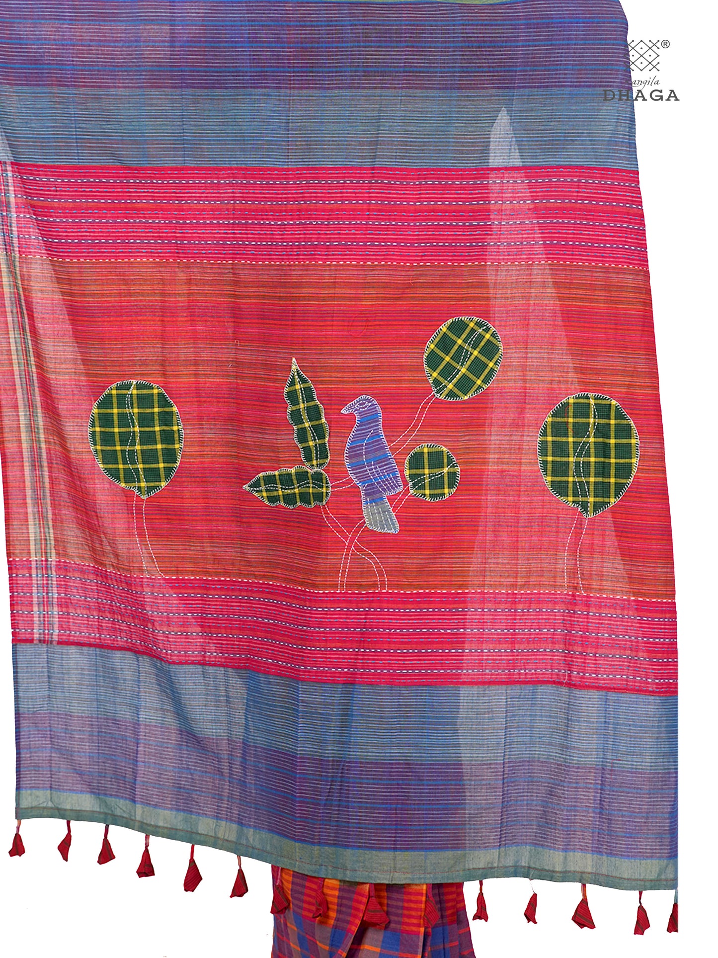 Hand Embroidered Kantha & Appliqué Bird Handloom Gamcha Patchwork Saree | Signature Design by Kalpana Das | Rangila Dhaga| Includes Blouse Piece GS130