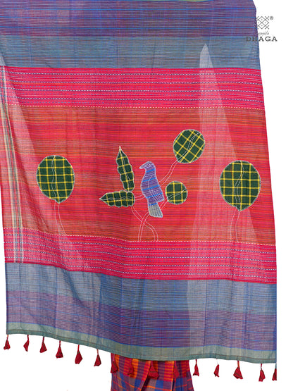 Hand Embroidered Kantha & Appliqué Bird Handloom Gamcha Patchwork Saree | Signature Design by Kalpana Das | Rangila Dhaga| Includes Blouse Piece GS130