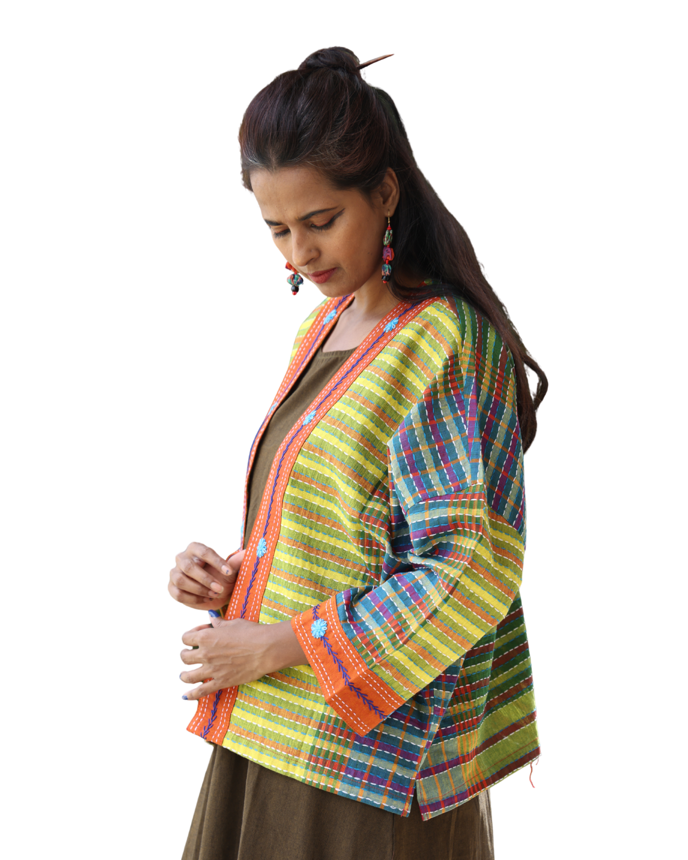Hand Embroidered Kantha Stitch Gamcha Free Size Short Jacket with Floral Border- JACKET03