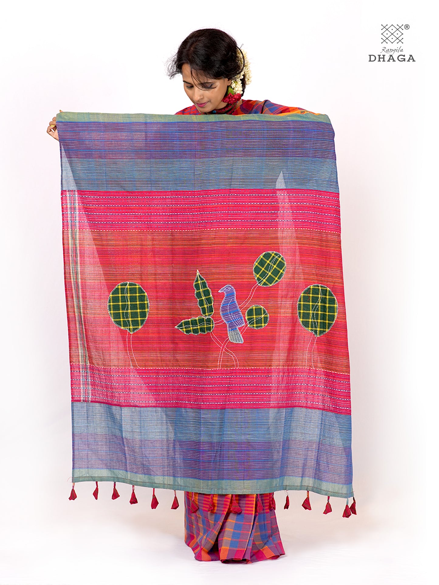 Hand Embroidered Kantha & Appliqué Bird Handloom Gamcha Patchwork Saree | Signature Design by Kalpana Das | Rangila Dhaga| Includes Blouse Piece GS130
