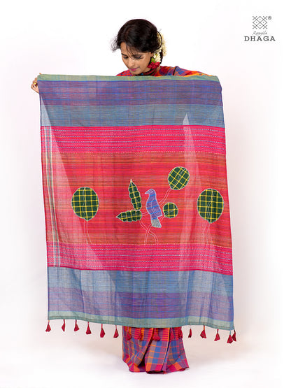 Hand Embroidered Kantha & Appliqué Bird Handloom Gamcha Patchwork Saree | Signature Design by Kalpana Das | Rangila Dhaga| Includes Blouse Piece GS130
