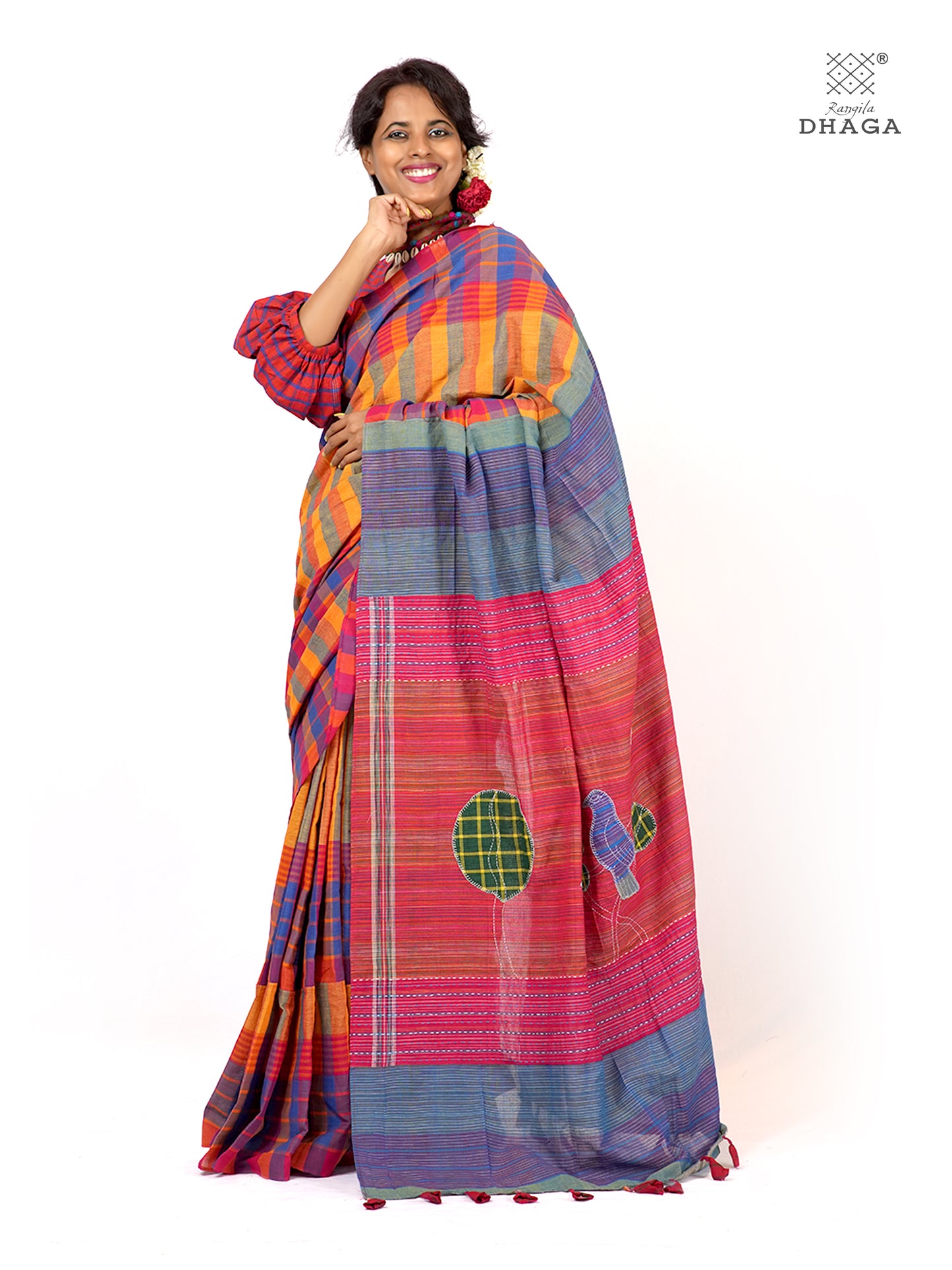 Hand Embroidered Kantha & Appliqué Bird Handloom Gamcha Patchwork Saree | Signature Design by Kalpana Das | Rangila Dhaga| Includes Blouse Piece GS130